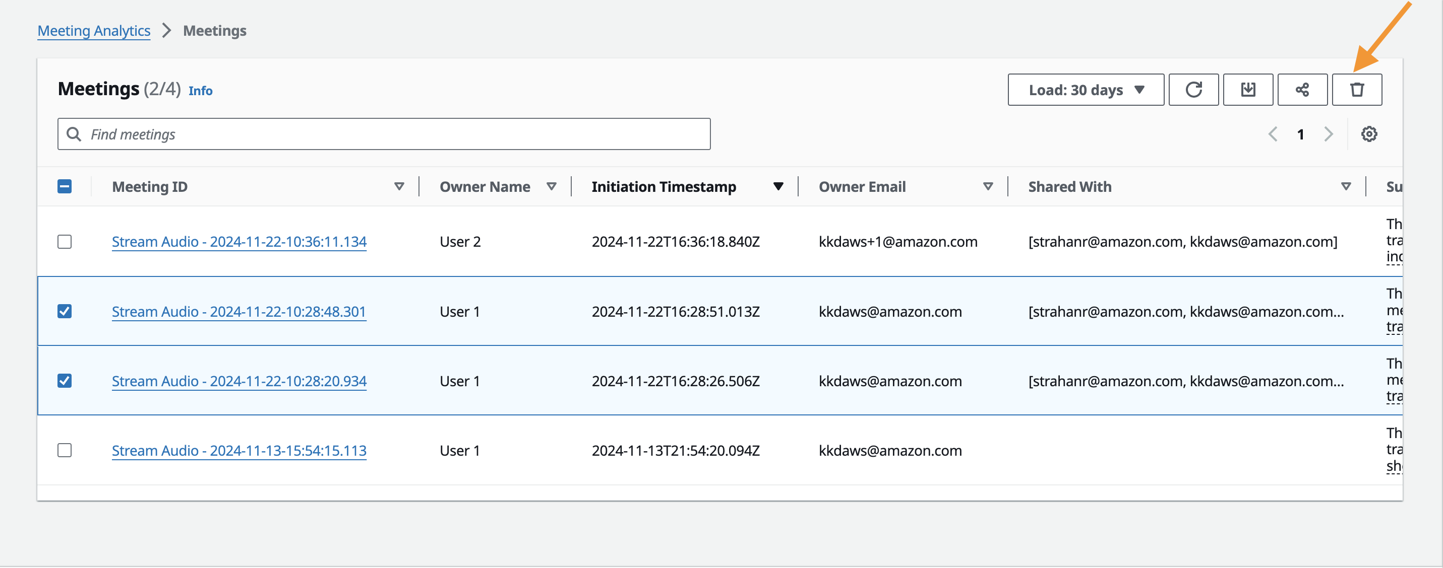 Select meetings to delete