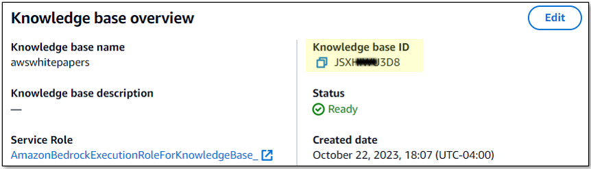 Knowledge Base ID location in the Bedrock console