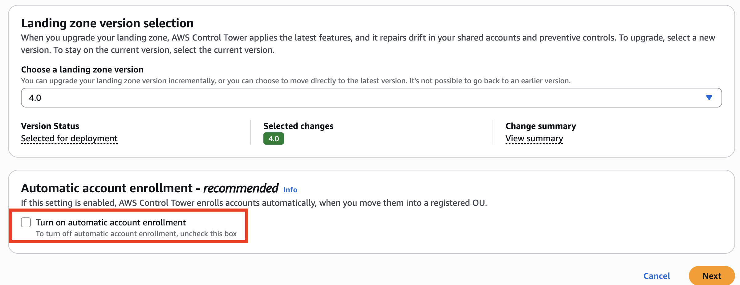 Landing zone version selection