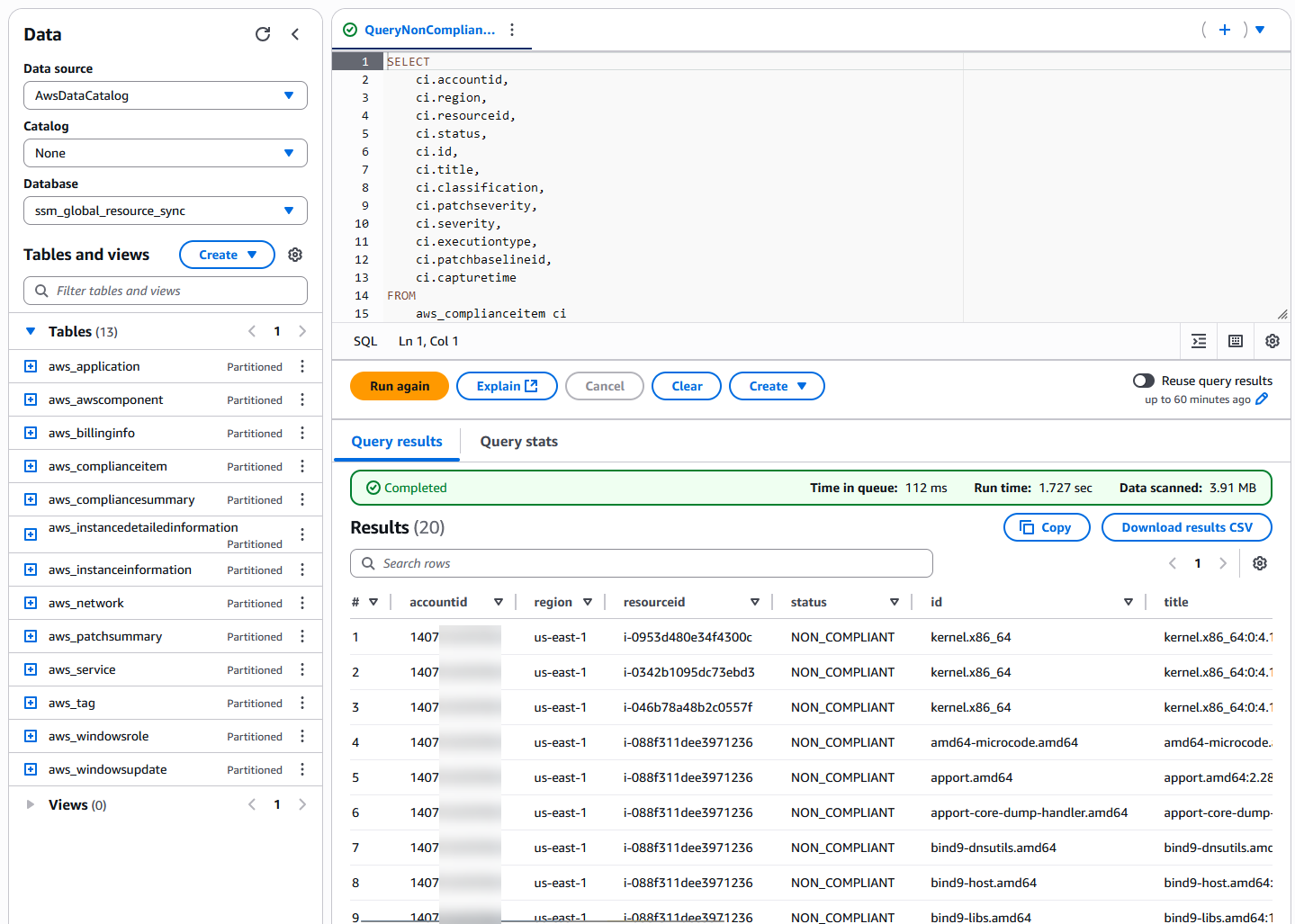 Athena query results for QueryNonCompliantPatch