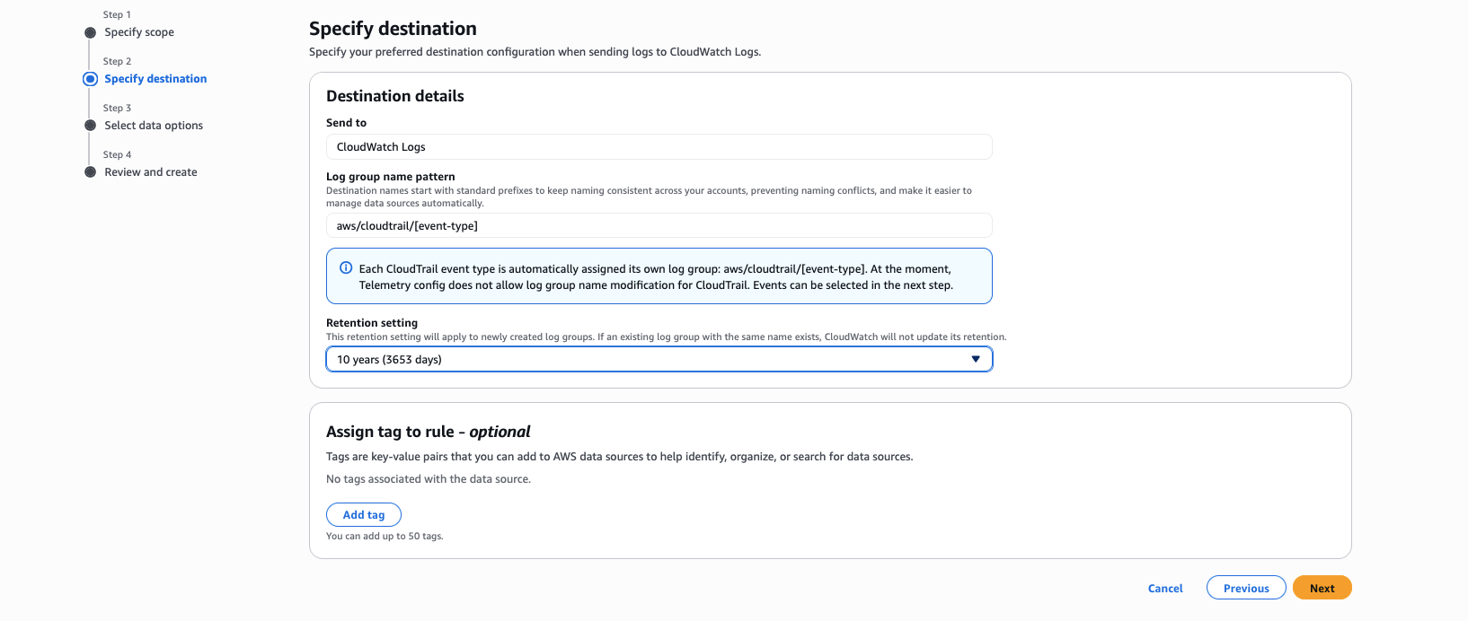 CloudWatch Telemetry config Enablement rules tab showing the Specify destination section for CloudTrail.