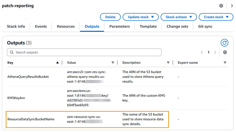 Outputs of the CloudFormation stack to show the resource data sync S3 bucket name