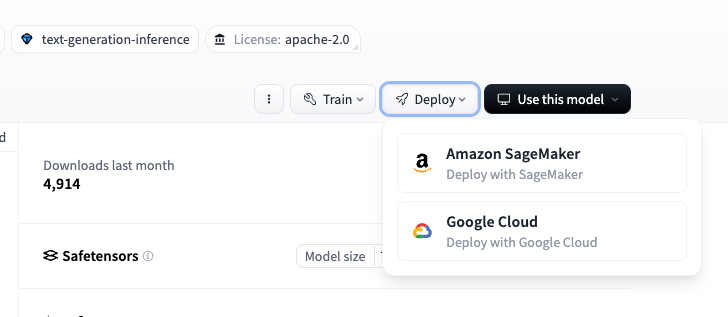 Hugging Face モデルページにて Deploy から Amazon SageMaker を選択