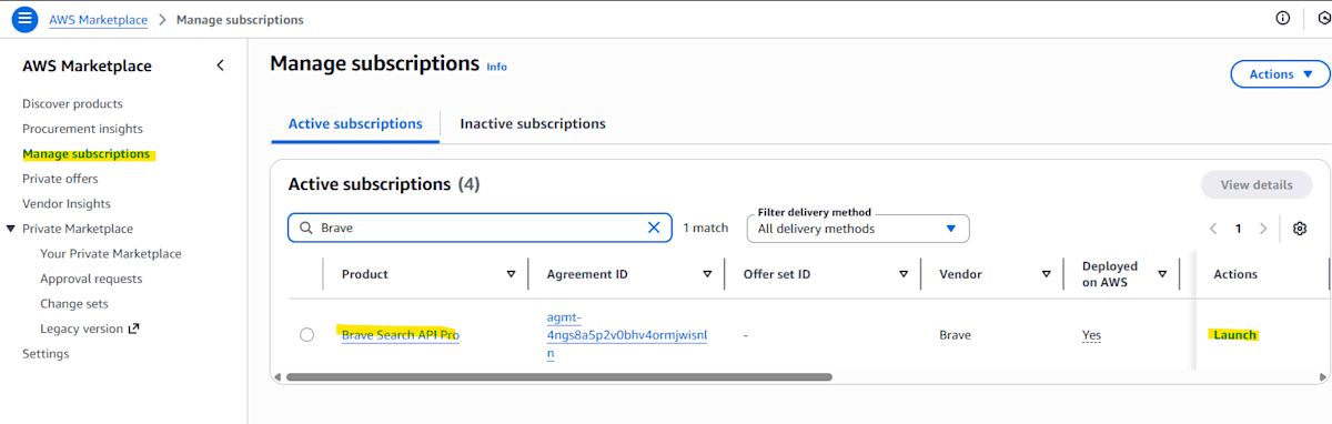 Click Launch from Manage Subscriptions
