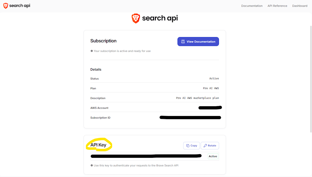 Brave API Key is displayed