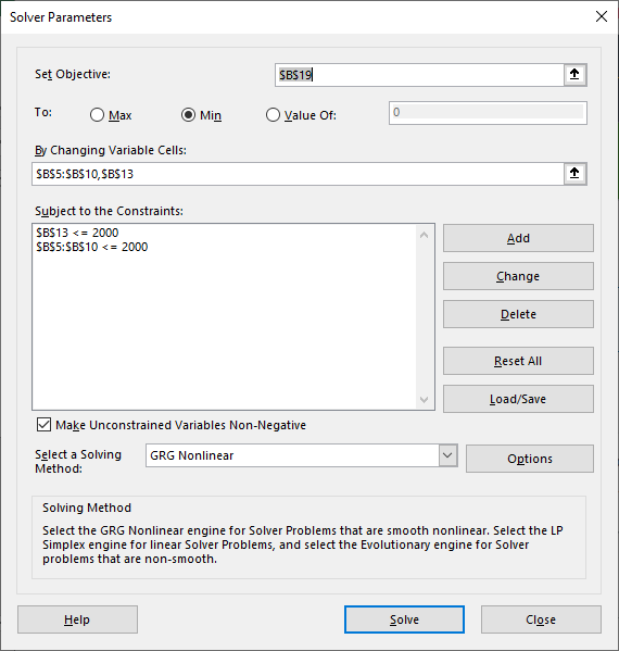 solver parameters Windows