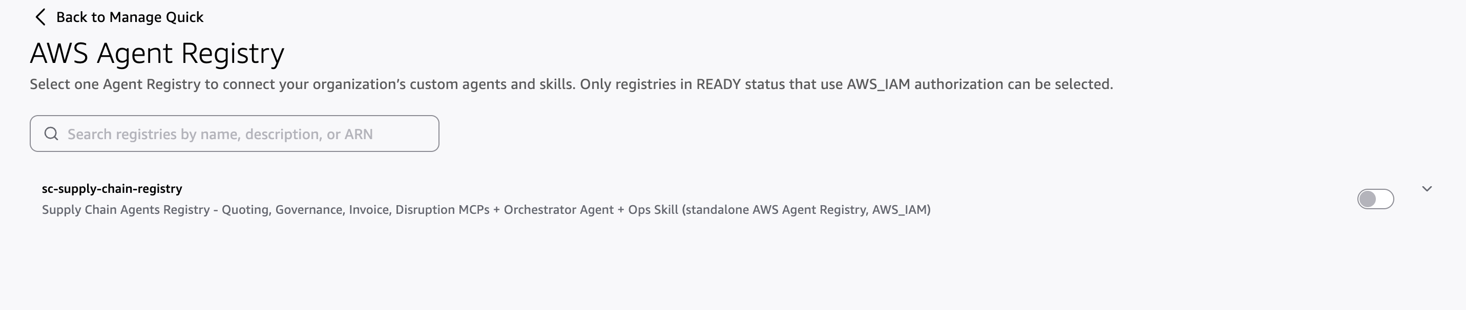 AWS Agent Registry listed in Quick, toggle off
