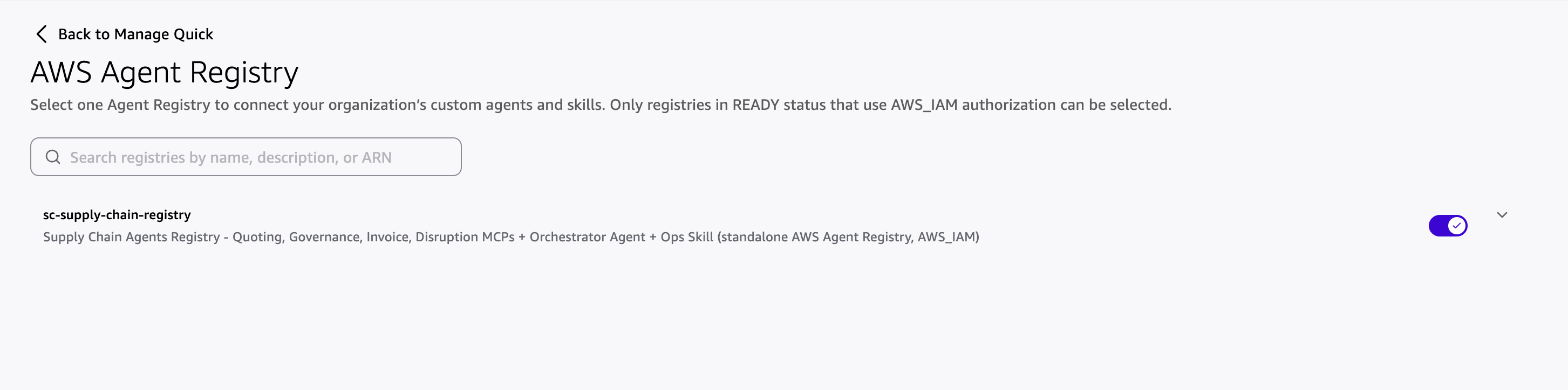 AWS Agent Registry enabled in Quick, toggle on