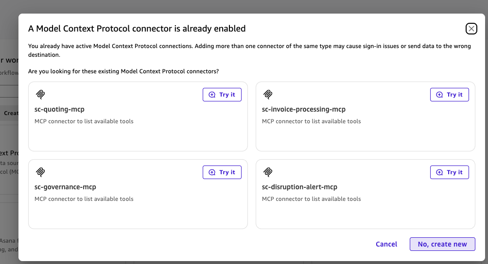 Create-new MCP connector dialog for the agent