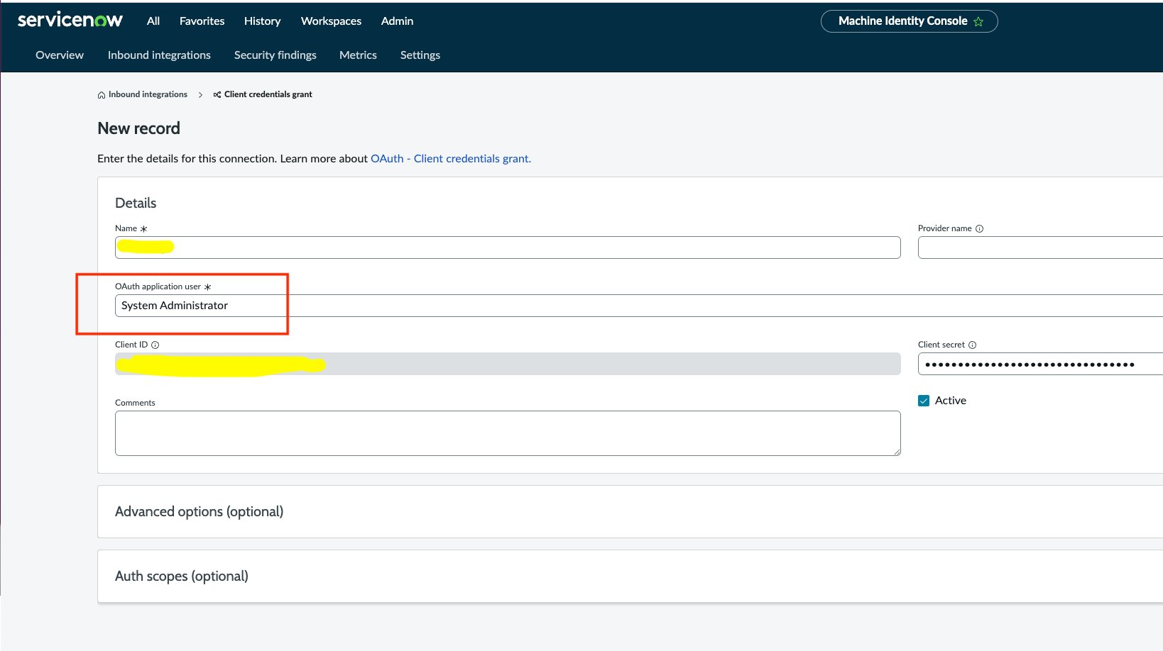OAuth application form