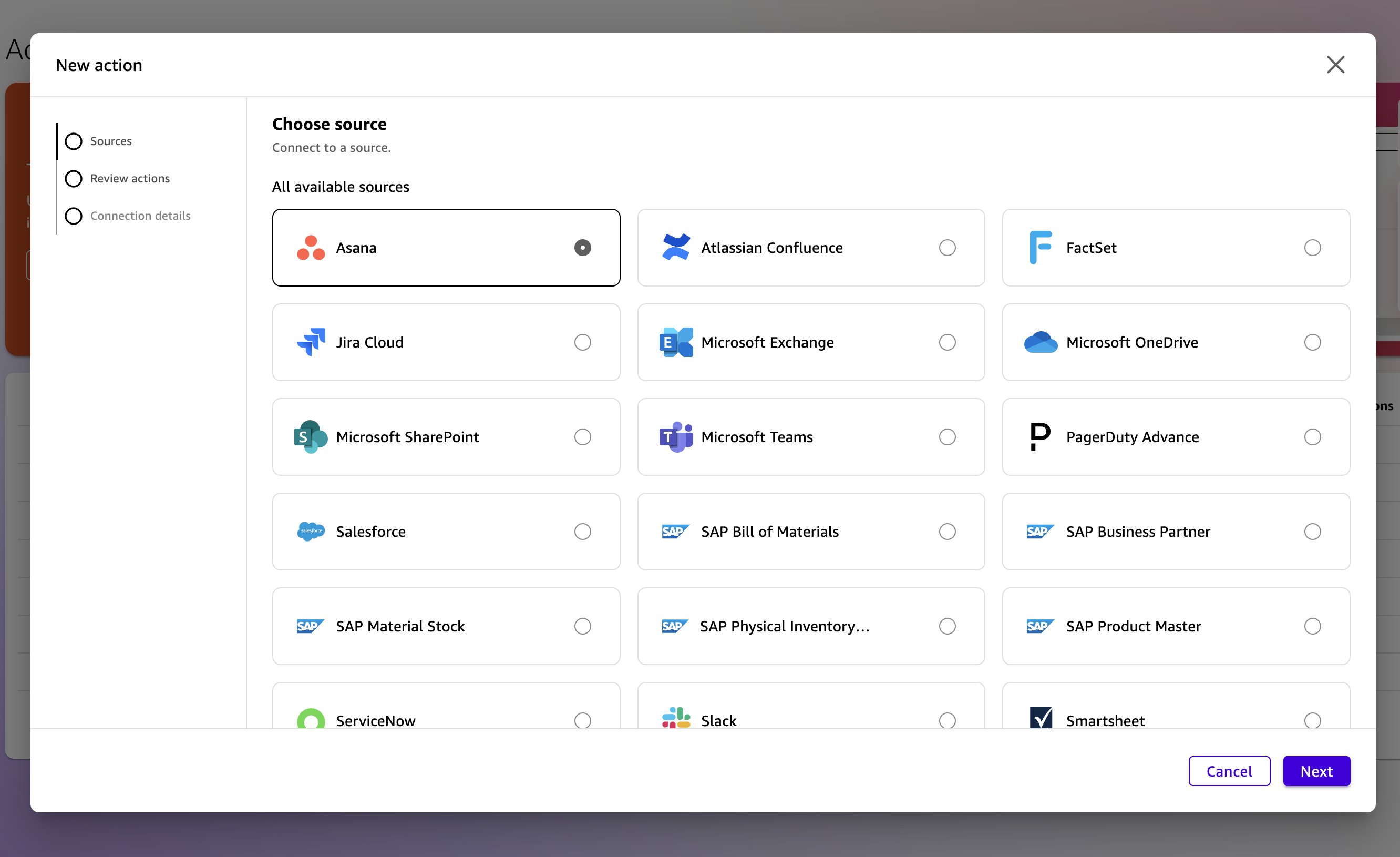 Quick Suite Actions selection