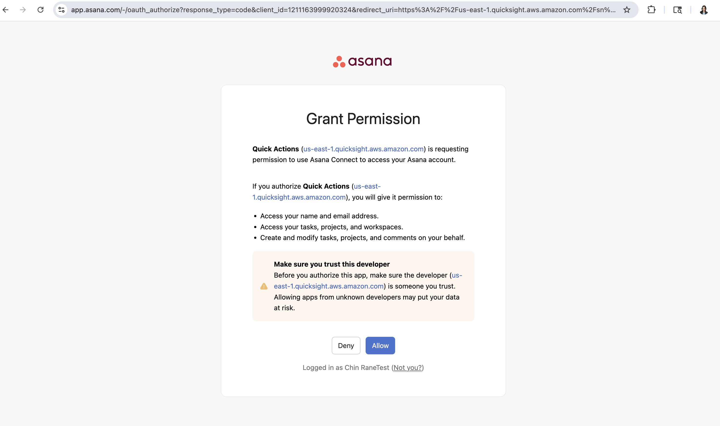 Asana authorization prompt