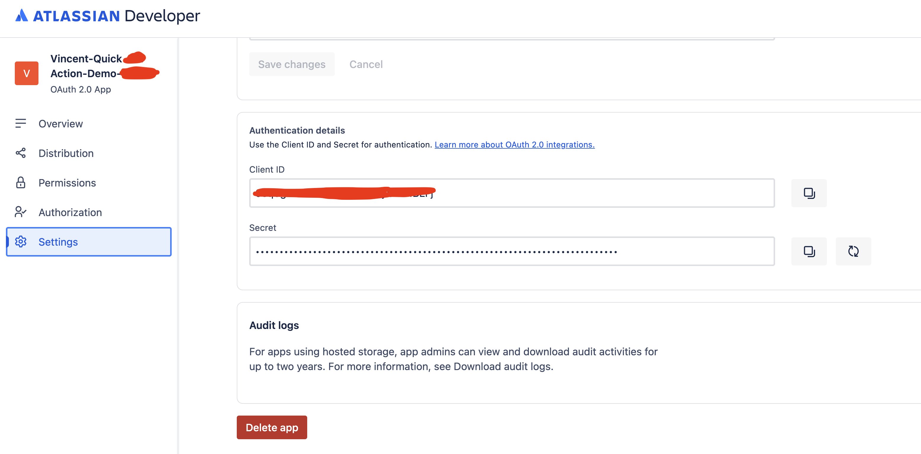 Settings with credentials