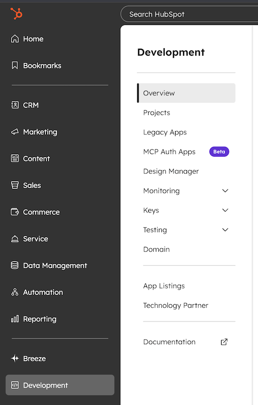 HubSpot menu options