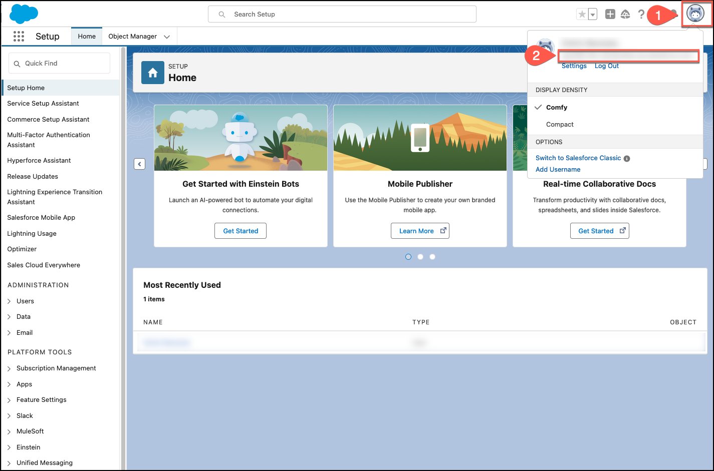 Salesforce profile menu