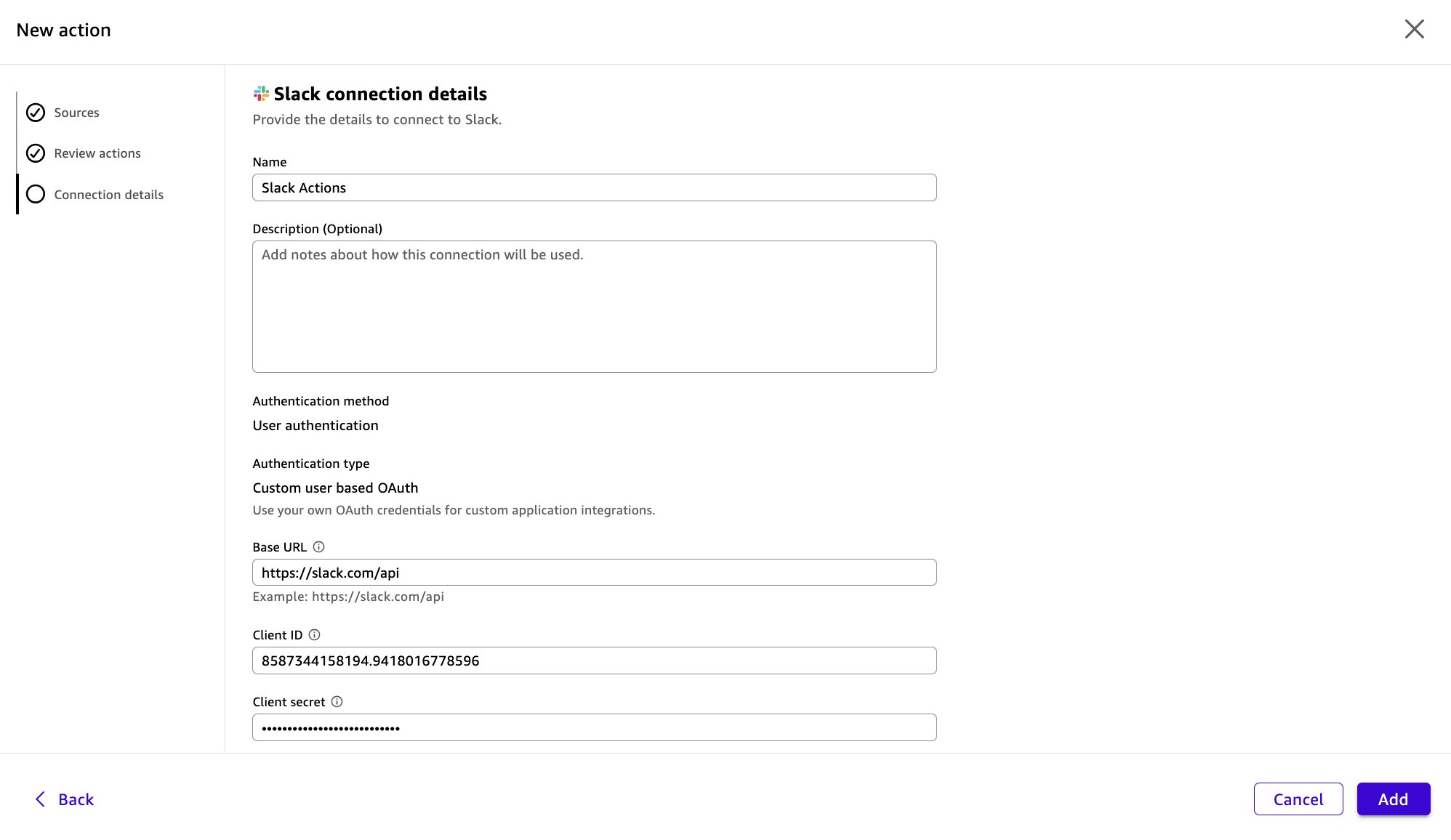 Slack configuration form