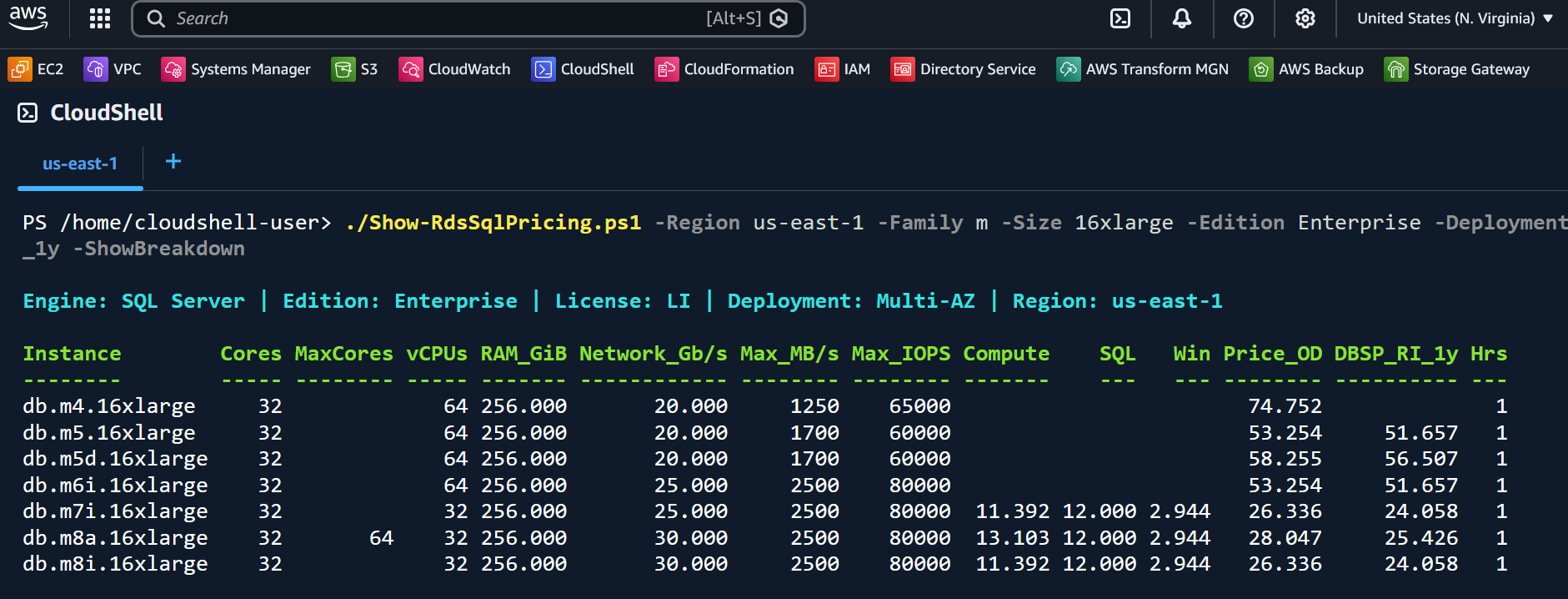 Show-RdsSqlPricing sample output